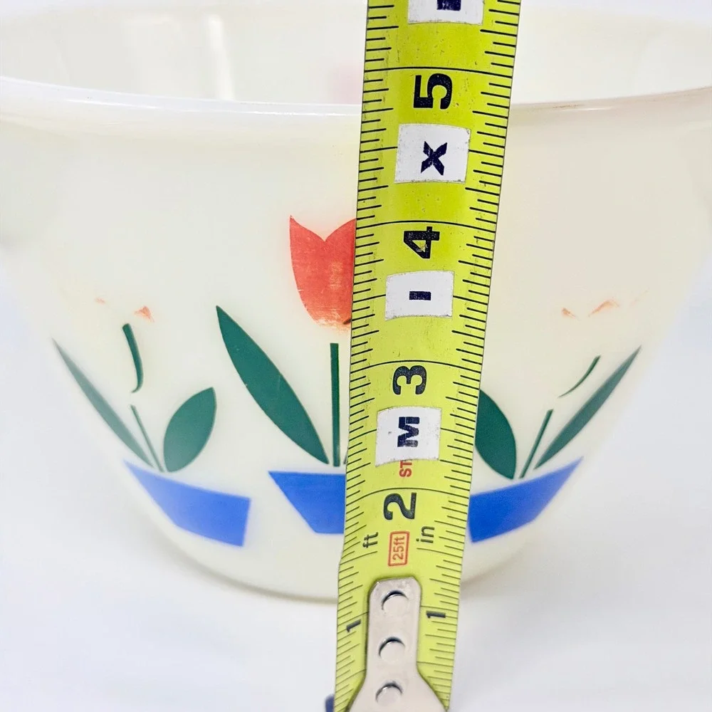 Fire-King Tulip Milk Glass Mixing Bowl Red Blue Vintage Kitchenware GOOD